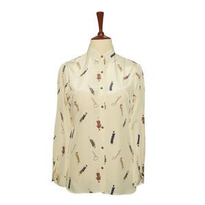 Womens Silky Satin Shirt Beige Graphic Print Blouse Button Up Dressy Top Medium
